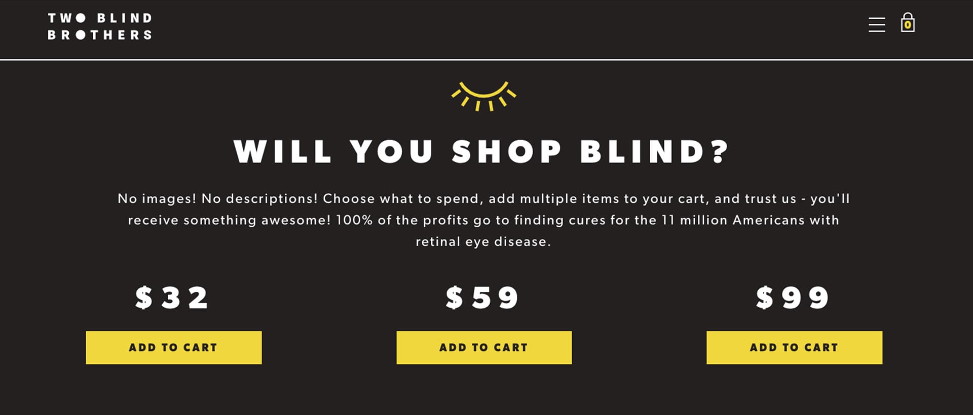 A screenshot of a website that says "will you shop blind," displaying only prices and add to cart buttons without descriptions or photos