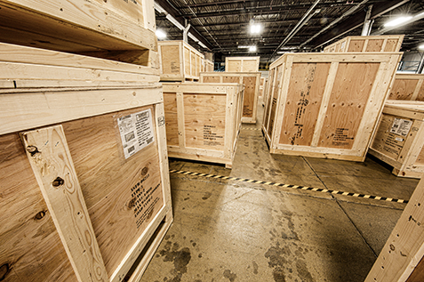 Wooden shipping crates in a warehouse