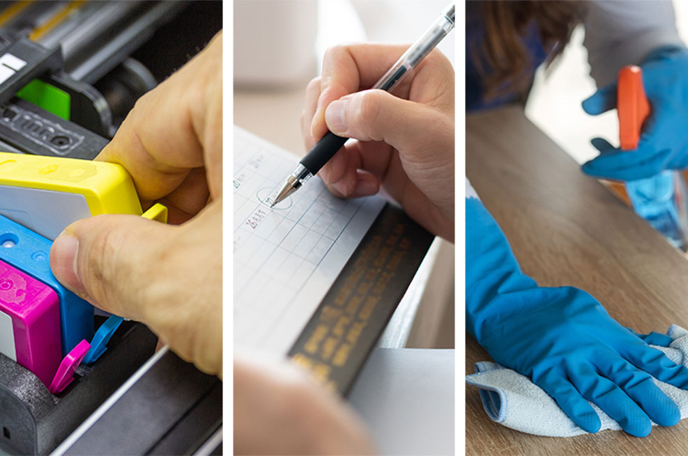 photo collage including a closeup of a person writing, replacing ink toner, and a person cleaning